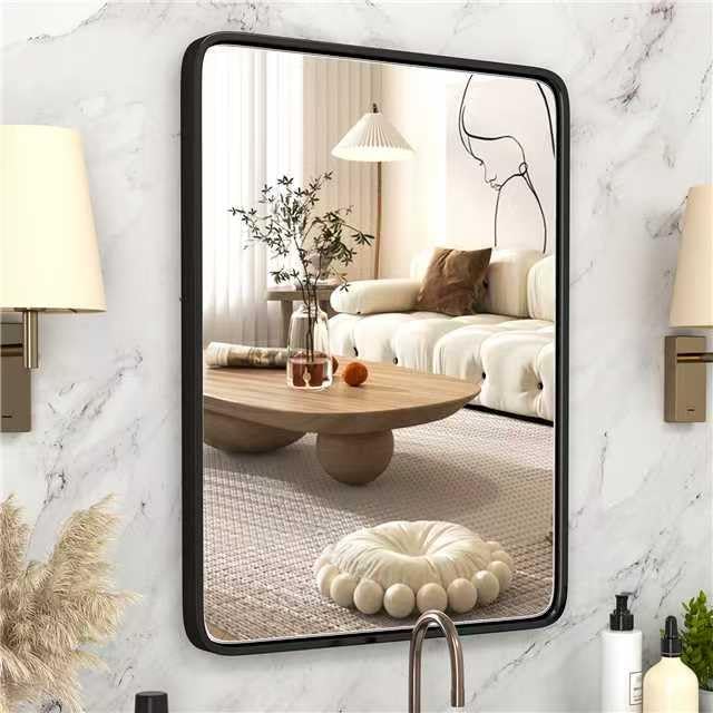 24x32 Inch Black Metal Frame Bathroom Mirror — Tempered Glass