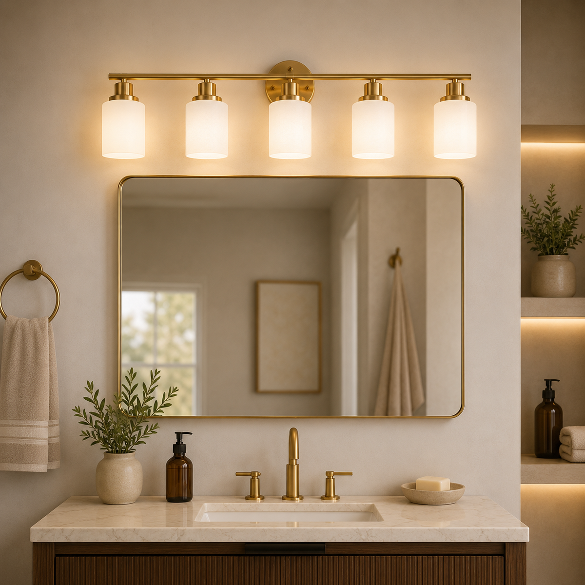 5-Light Gold Bathroom Vanity Lamp — Frosted Glass