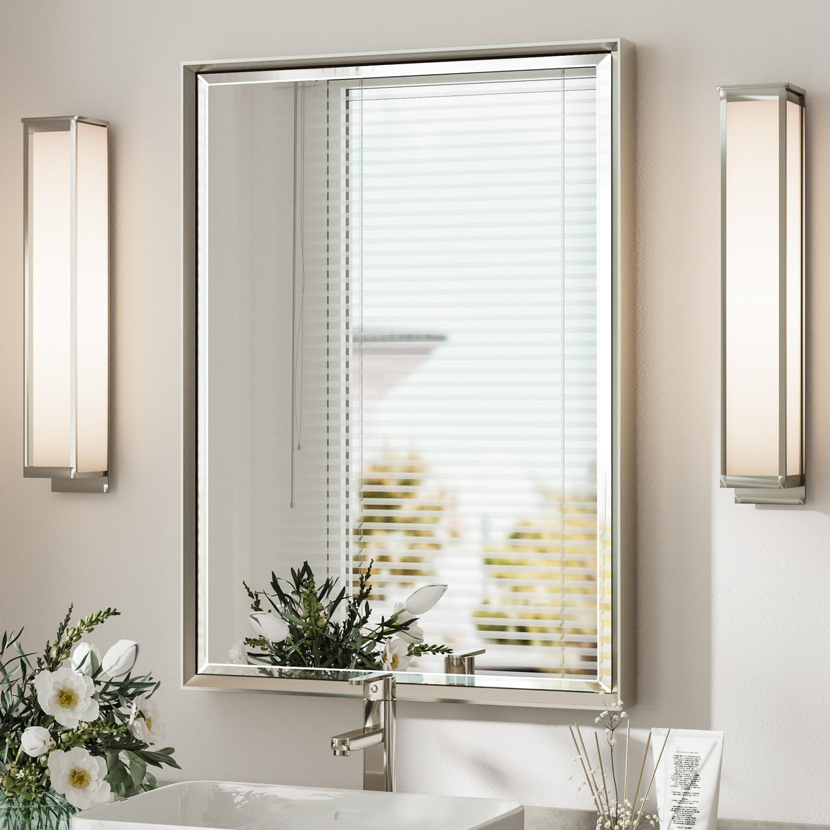 22x30 Inch Brushed Nickel Bathroom Mirror — Beveled Frame