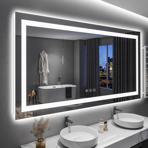 60x36 Inch LED Bathroom Mirror — Front and Backlit Anti-Fog