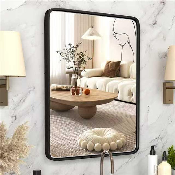 24x32 Inch Black Metal Frame Bathroom Mirror — Tempered Glass