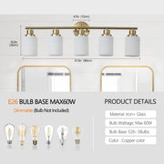 5-Light Gold Bathroom Vanity Lamp — Frosted Glass