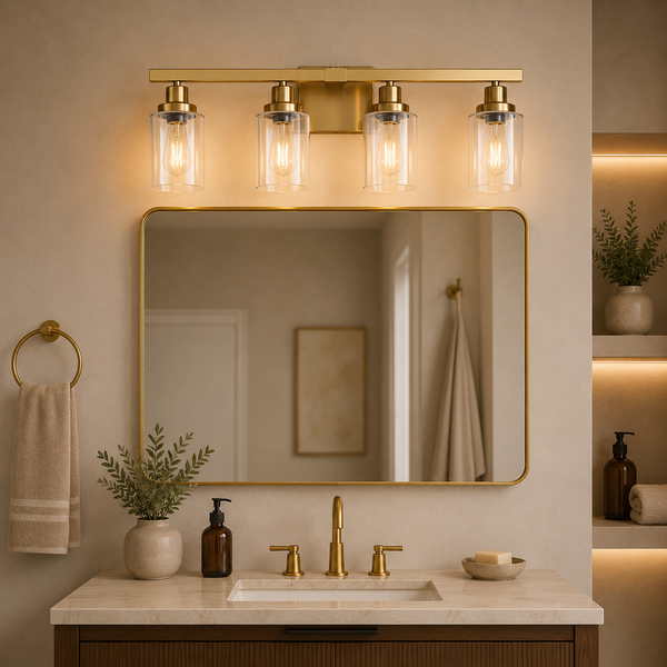 4-Light Gold Vanity Light — Clear Glass Shade
