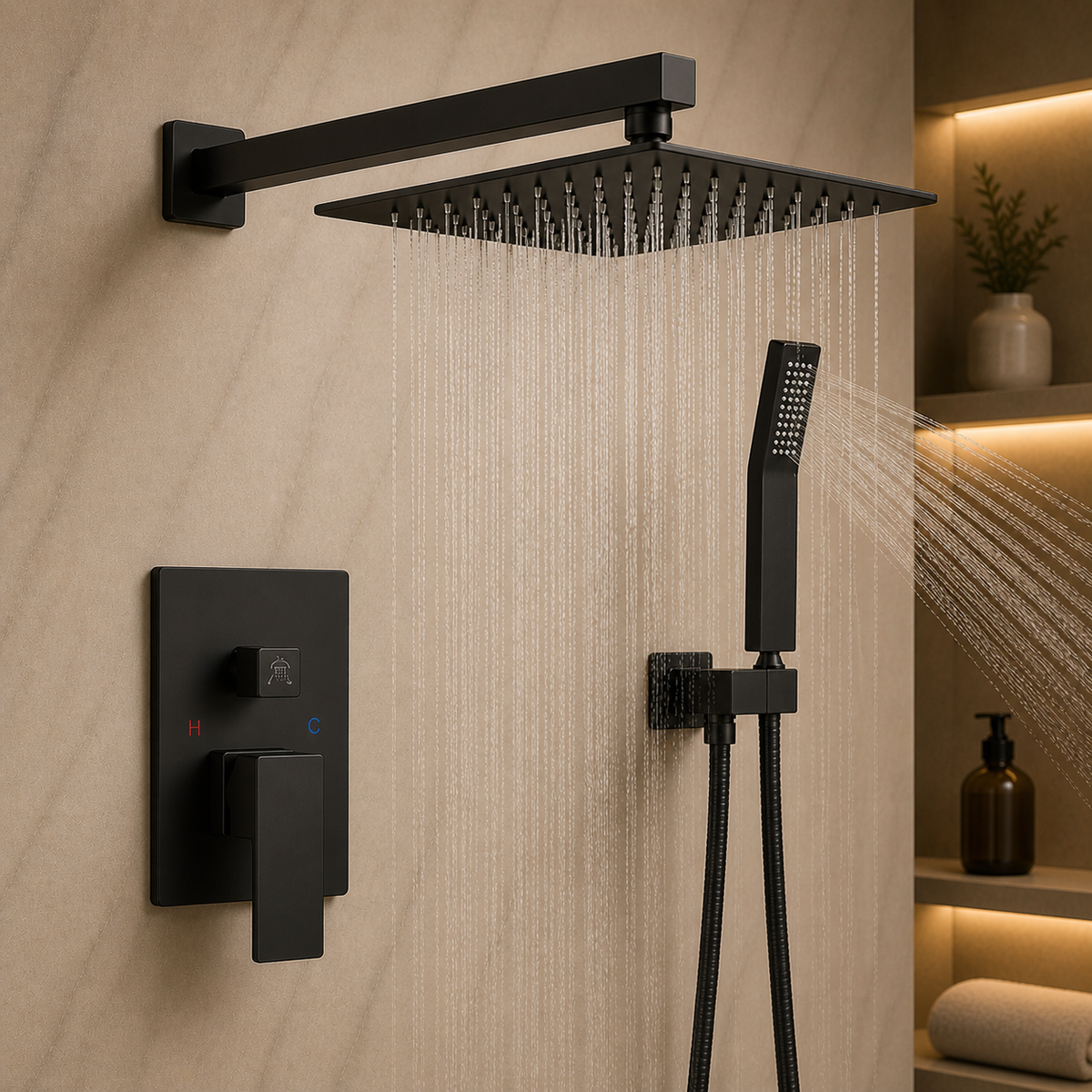 Rain Shower System with Storage Shelves — Wall Mount