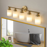 5-Light Gold Bathroom Vanity Lamp — Frosted Glass