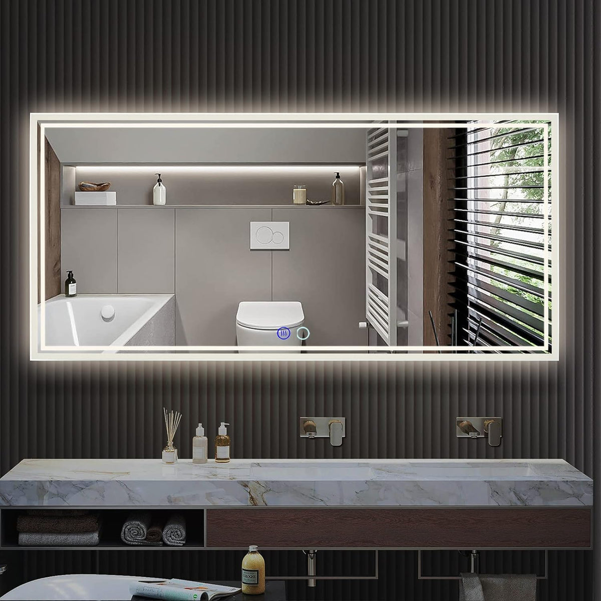60x28 Inch LED Bathroom Mirror — Anti-Fog Dimmable Touch
