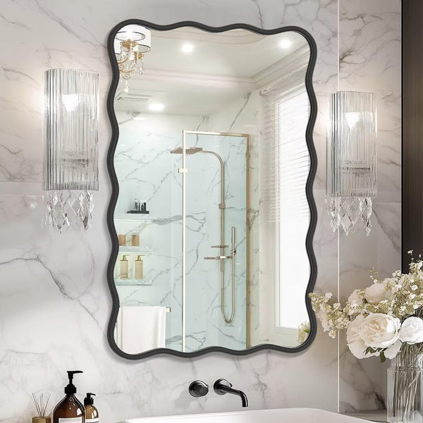 24x36 Inch Wavy Rectangle Mirror — Matte Black Metal Frame